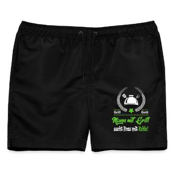 Mann mit Grill Frau mit Kohle Grillsprüche BBQ - Männer Badeshorts - Schwarz - Vorne - AI Model Male 178 light (178cm)