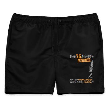 Gästeliste Gästebuch 75 Jahre Alter Birthday - Männer Badeshorts - Schwarz - Vorne - AI Model Male 178 light (178cm)