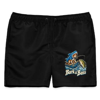 Bark & Bass Hund im Hai-Kostüm beim Angeln - Männer Badeshorts - Schwarz - Vorne - AI Model Male 178 light (178cm)