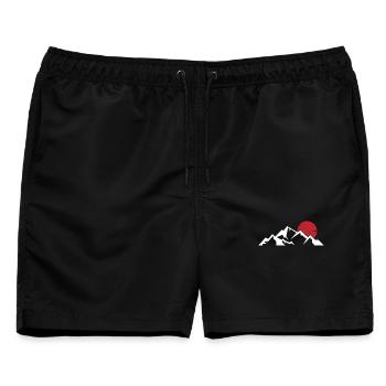 Purpurrote Sonne über schneebedeckten Gipfeln - Männer Badeshorts - Schwarz - Vorne - AI Model Male 178 light (178cm)