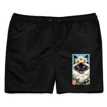 Naturschönheit Birma Seal Point mit Blumenkranz - Männer Badeshorts - Schwarz - Vorne - AI Model Male 178 light (178cm)