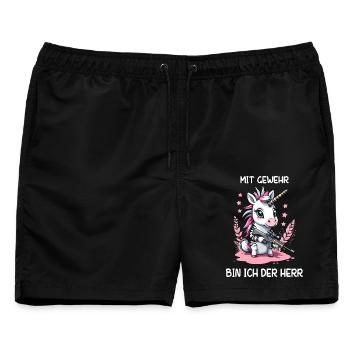 Einhorn mit Jagdgewehr - Männer Badeshorts - Schwarz - Vorne - AI Model Male 178 light (178cm)
