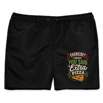Exercise? Extra Pizza – Lustiger Pizza-Spruch - Männer Badeshorts - Schwarz - Vorne - AI Model Male 178 light (178cm)