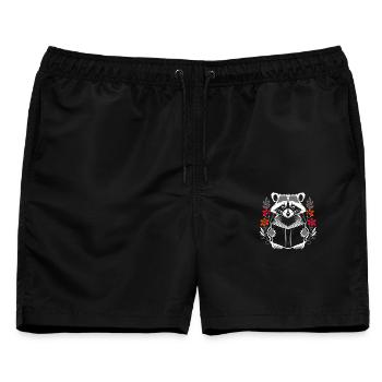 Lesender süßer Waschbär mit Buch und Blumen - Männer Badeshorts - Schwarz - Vorne - AI Model Male 178 light (178cm)