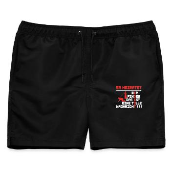Er heiratet, JGA, Poltern - Männer Badeshorts - Schwarz - Vorne - AI Model Male 178 light (178cm)