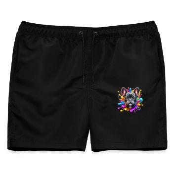 Französische Bulldogge mit bunten Farbklecksen - Männer Badeshorts - Schwarz - Vorne - AI Model Male 178 light (178cm)