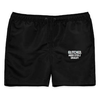 Glitched. Aber stolz drauf! - Glitch Look Shirt - Männer Badeshorts - Schwarz - Vorne - AI Model Male 178 light (178cm)