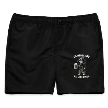 Lederhose Bayern Tracht Dackel lustig Bierzelt  - Männer Badeshorts - Schwarz - Vorne - AI Model Male 178 light (178cm)