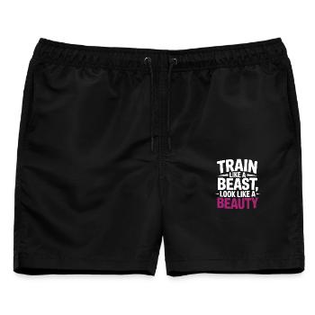 Trainiere wie ein Tier, sieh aus wie eine Schönheit - Männer Badeshorts - Schwarz - Vorne - AI Model Male 178 light (178cm)