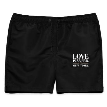 Love Is A Verb. Show It Daily. Romantischer Spruch - Männer Badeshorts - Schwarz - Vorne - AI Model Male 178 light (178cm)