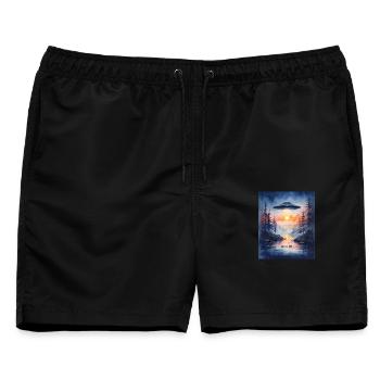 GO ON A TRIP – Futuristische Sonnenuntergangs-UFO-Kunst - Männer Badeshorts - Schwarz - Vorne - AI Model Male 178 light (178cm)