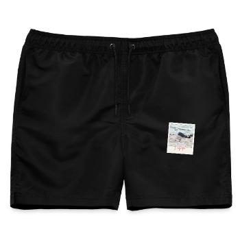 Foto Nordsee Möwe Wattvogel mit Schrift  - Männer Badeshorts - Schwarz - Vorne - AI Model Male 178 light (178cm)