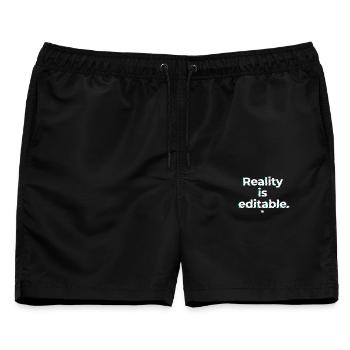Reality is editable – Glitch Typografie - Männer Badeshorts - Schwarz - Vorne - AI Model Male 178 light (178cm)