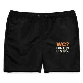 WC? Hinten links. Lustiger Kellner Spruch - Männer Badeshorts - Schwarz - Vorne - AI Model Male 178 light (178cm)