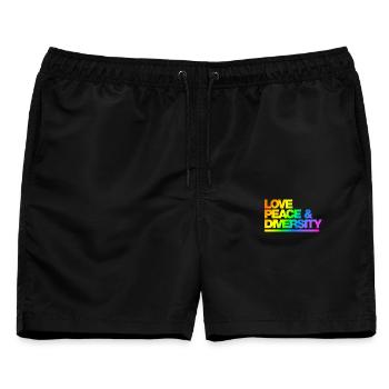 Typo Love Peace Diversity Rainbow - Männer Badeshorts - Schwarz - Vorne - AI Model Male 178 light (178cm)