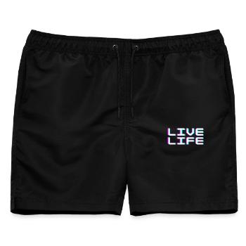 Live Life Glitch Typografie Cyberpunk Tee - Männer Badeshorts - Schwarz - Vorne - AI Model Male 178 light (178cm)