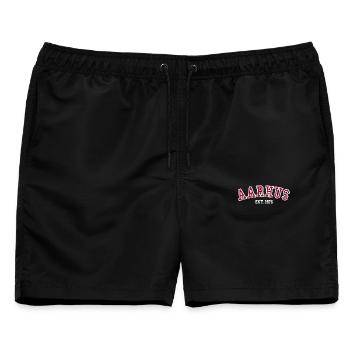Aarhus gegründet 1976 - Männer Badeshorts - Schwarz - Vorne - AI Model Male 178 light (178cm)
