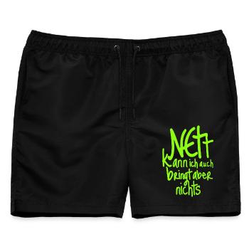 Neon Grüne Handlettering Botschaft auf Schwarz - Männer Badeshorts - Schwarz - Vorne - AI Model Male 178 light (178cm)
