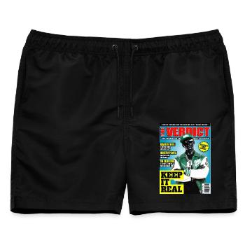 The Verdict Issue 01 Realness - Hip Hop Statement - Männer Badeshorts - Schwarz - Vorne - AI Model Male 178 light (178cm)