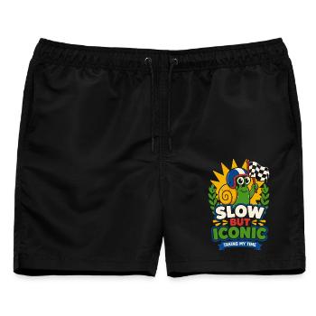 Slow but Iconic – Coole Rennschnecke - Männer Badeshorts - Schwarz - Vorne - AI Model Male 178 light (178cm)