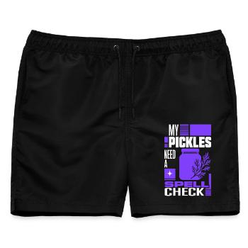 Gurkenglas braucht Rechtschreibprüfung - Männer Badeshorts - Schwarz - Vorne - AI Model Male 178 light (178cm)