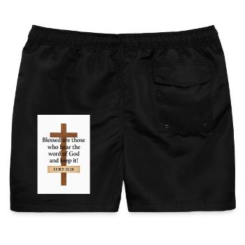 Kreuzzitate: Selige, die Gottes Wort hören - Männer Badeshorts - Schwarz - Hinten - AI Model Male 178 light (178cm)