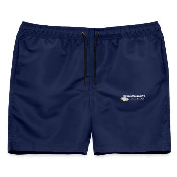 LIEBEVOLL Hausaufgaben-Mythos - Männer Badeshorts - Navy - Vorne - AI Model Male 178 light (178cm)