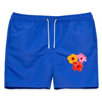 Hibiskus Trio - Tropische Blüten - Männer Badeshorts - Royalblau - Vorne - AI Model Male 178 light (178cm)