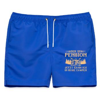 Bin in Pension - Wohnwagen Camping Pensionär - Männer Badeshorts - Royalblau - Vorne - AI Model Male 178 light (178cm)