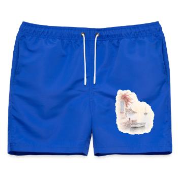 Hafenruhe – Kleines Boot im Morgenlicht - Männer Badeshorts - Royalblau - Vorne - AI Model Male 178 light (178cm)
