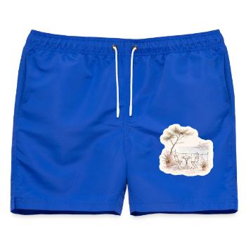 Balkonblick – Bistro über dem Meer - Männer Badeshorts - Royalblau - Vorne - AI Model Male 178 light (178cm)