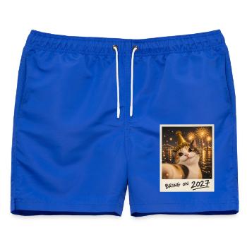 Bring On 2027 Glückskatze Selfie Silvester - Männer Badeshorts - Royalblau - Vorne - AI Model Male 178 light (178cm)