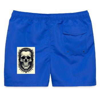 Schädelrahmen Ornament mit floraler Friese - Männer Badeshorts - Royalblau - Hinten - AI Model Male 178 light (178cm)