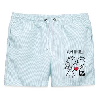Just Married Brautpaar - Hochzeit - Geschenk - Männer Badeshorts - hellblau gestreift - Vorne - AI Model Male 178 light (178cm)
