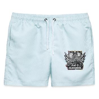 Oldschool Auto KfZ Schrauber Werkstatt - Männer Badeshorts - hellblau gestreift - Vorne - AI Model Male 178 light (178cm)