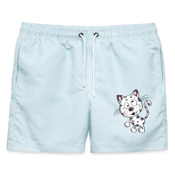 Knuffige Katze - Katzen - Kater - Stubentiger - Männer Badeshorts - hellblau gestreift - Vorne - AI Model Male 178 light (178cm)