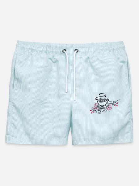 Tee, Teetasse, tea time, Kirschblüten - Männer Badeshorts - hellblau gestreift