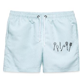 Küche, kochen, Utensilien - Männer Badeshorts - hellblau gestreift - Vorne - AI Model Male 178 light (178cm)