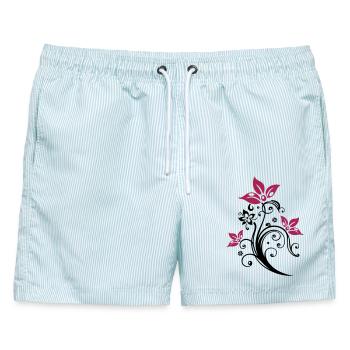 Ranke mit bunten Blumen, Blüten. Sehr feminin. - Männer Badeshorts - hellblau gestreift - Vorne - AI Model Male 178 light (178cm)