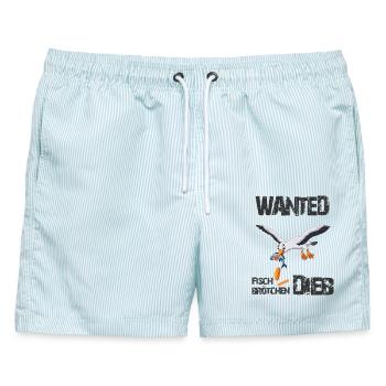 Wanted - Der berüchtigte Fischbrötchen Dieb - Männer Badeshorts - hellblau gestreift - Vorne - AI Model Male 178 light (178cm)