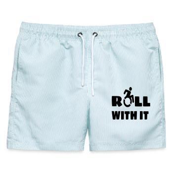 Ich rolle mit meinem Rollstuhl, Rolle, Behinderten # - Männer Badeshorts - hellblau gestreift - Vorne - AI Model Male 178 light (178cm)