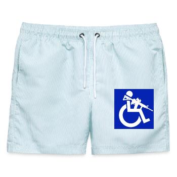 Bild eines Rollstuhlfahrers mit einem Gewehr # - Männer Badeshorts - hellblau gestreift - Vorne - AI Model Male 178 light (178cm)