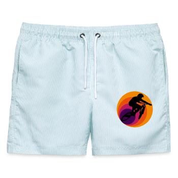 Retro Downhill Mountainbike - Männer Badeshorts - hellblau gestreift - Vorne - AI Model Male 178 light (178cm)