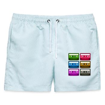 Kassetten - Männer Badeshorts - hellblau gestreift - Vorne - AI Model Male 178 light (178cm)