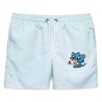 Wenn das Kätzchen Hunger hat - Männer Badeshorts - hellblau gestreift - Vorne - AI Model Male 178 light (178cm)