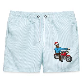 Motorradfahrer Weihnachten - Männer Badeshorts - hellblau gestreift - Vorne - AI Model Male 178 light (178cm)