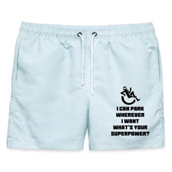 Ich kann als Rollstuhlfahrer überall parken # - Männer Badeshorts - hellblau gestreift - Vorne - AI Model Male 178 light (178cm)