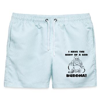 Ich habe den Körper eines Gottes... Buddha - Männer Badeshorts - hellblau gestreift - Vorne - AI Model Male 178 light (178cm)