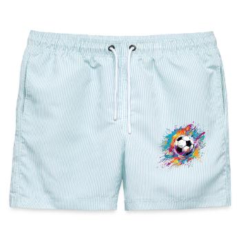 Fussball, Soccer, bunt, farbenfroh, Klecks - Männer Badeshorts - hellblau gestreift - Vorne - AI Model Male 178 light (178cm)