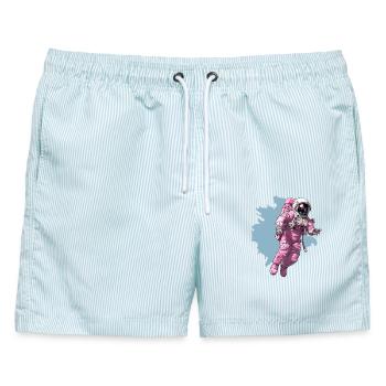 Rosa Raumanzug im Kosmos - Männer Badeshorts - hellblau gestreift - Vorne - AI Model Male 178 light (178cm)